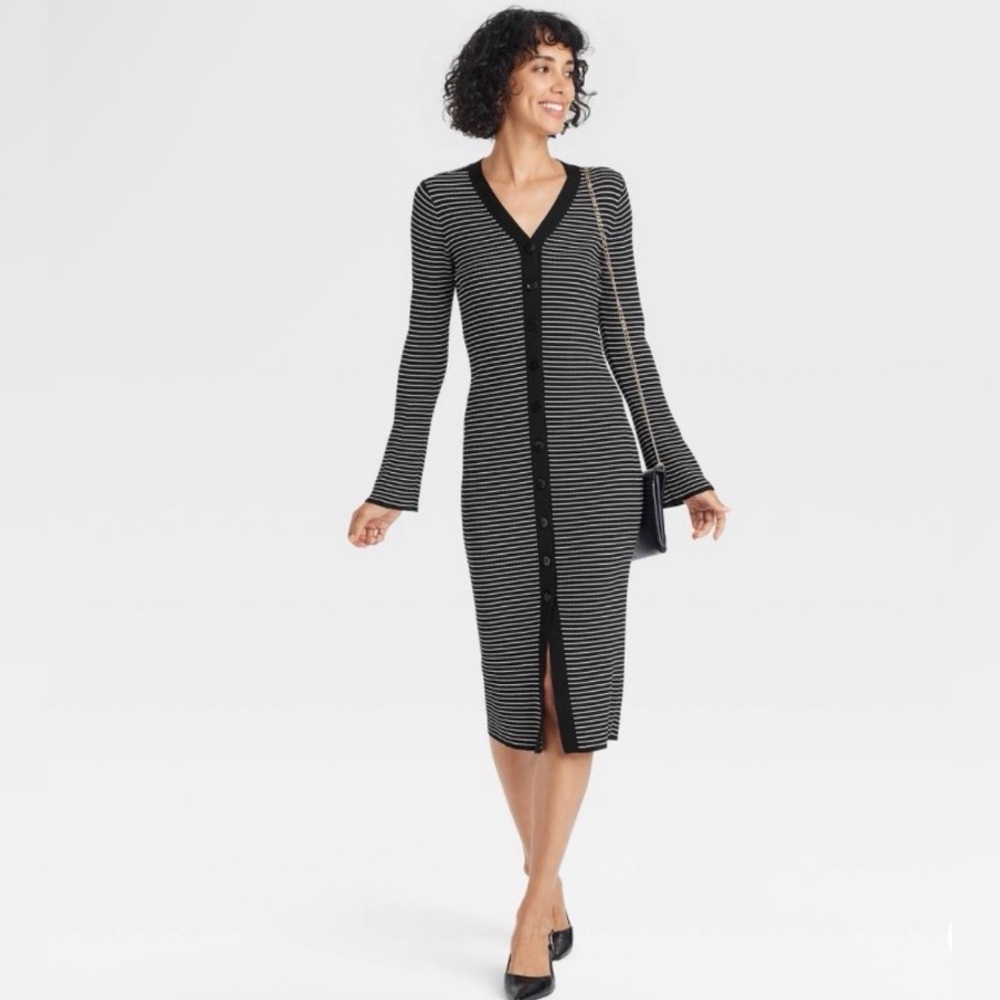 A New Day Black White Stripe Ribbed Midi Dress Button Front Bell Sleeves Lg New